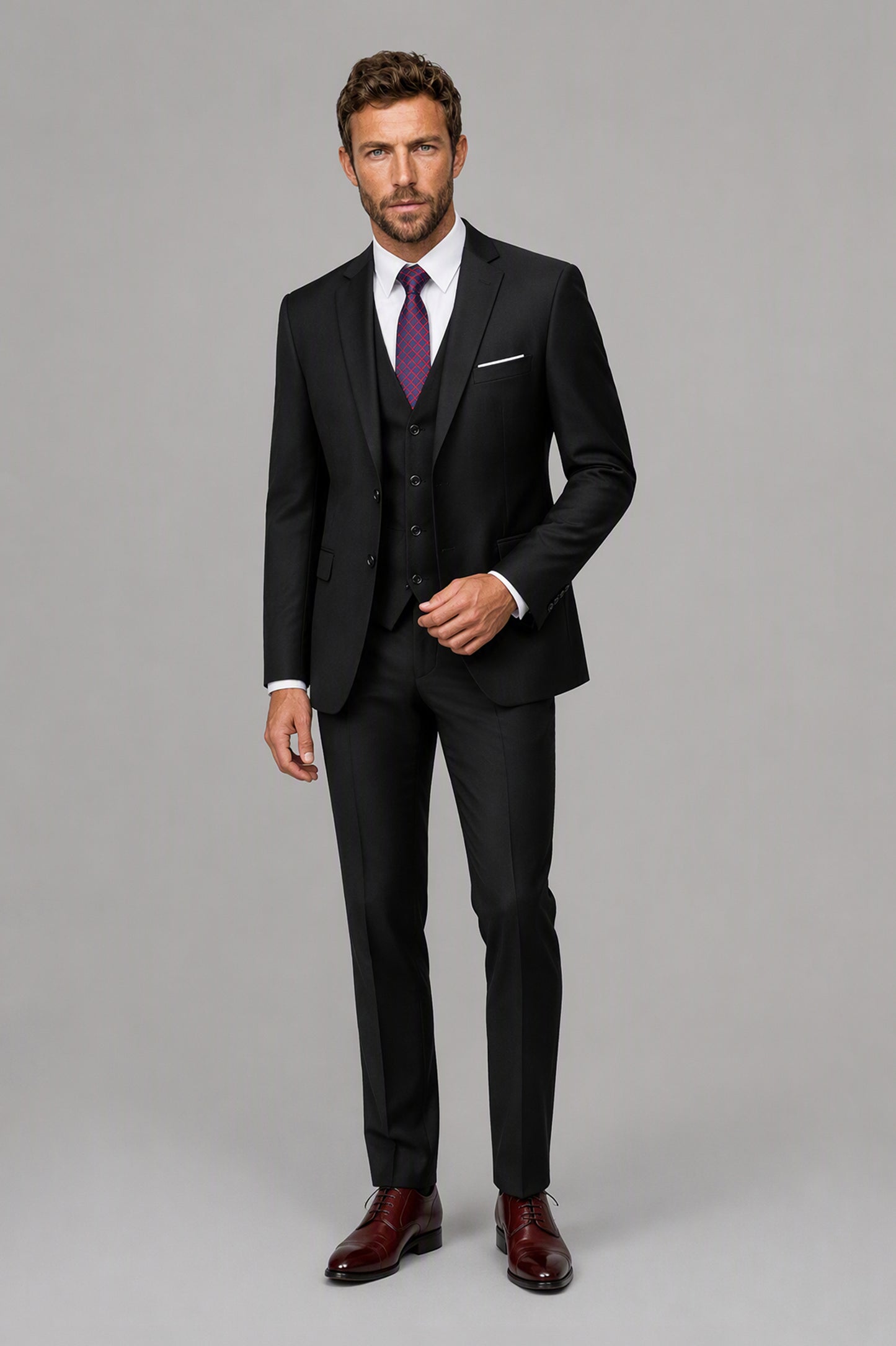 Savile Black 3-Piece Suit Set – Full front view, model in black notch lapel suit with purple tie, vest and white shirt