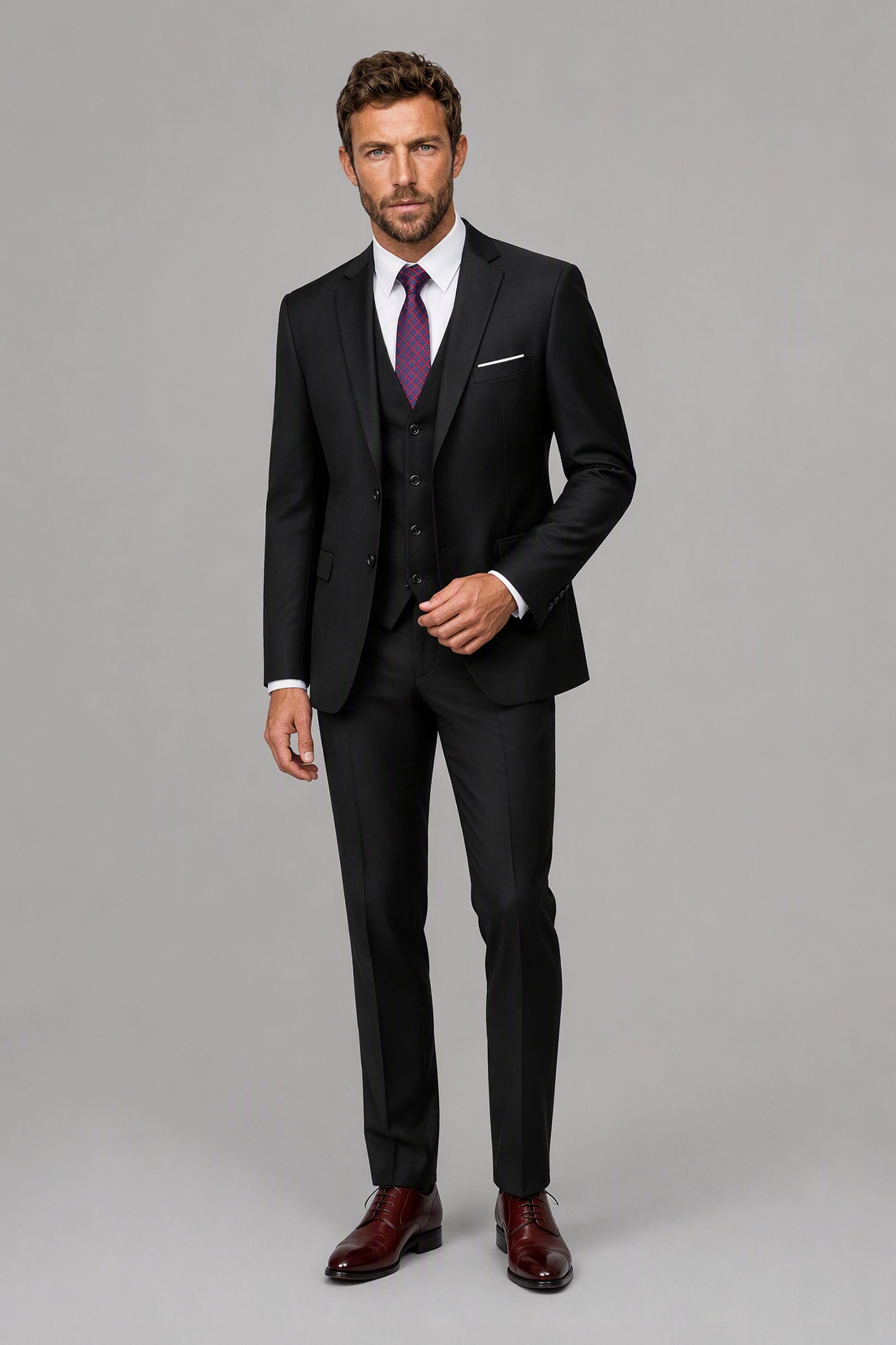 Savile Black 3-Piece Suit Set – Full front view, model in black notch lapel suit with purple tie, vest and white shirt