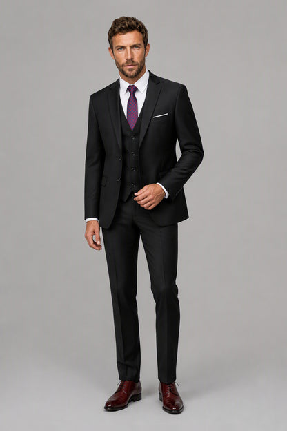 Savile Black 3-Piece Suit Set – Full front view, model in black notch lapel suit with purple tie, vest and white shirt