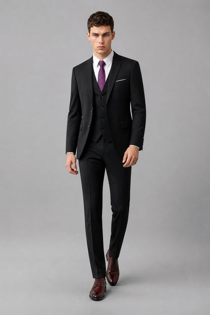 Savile Black 3-Piece Suit Set – Rear three-quarter view showing jacket back construction and tapered trouser fit