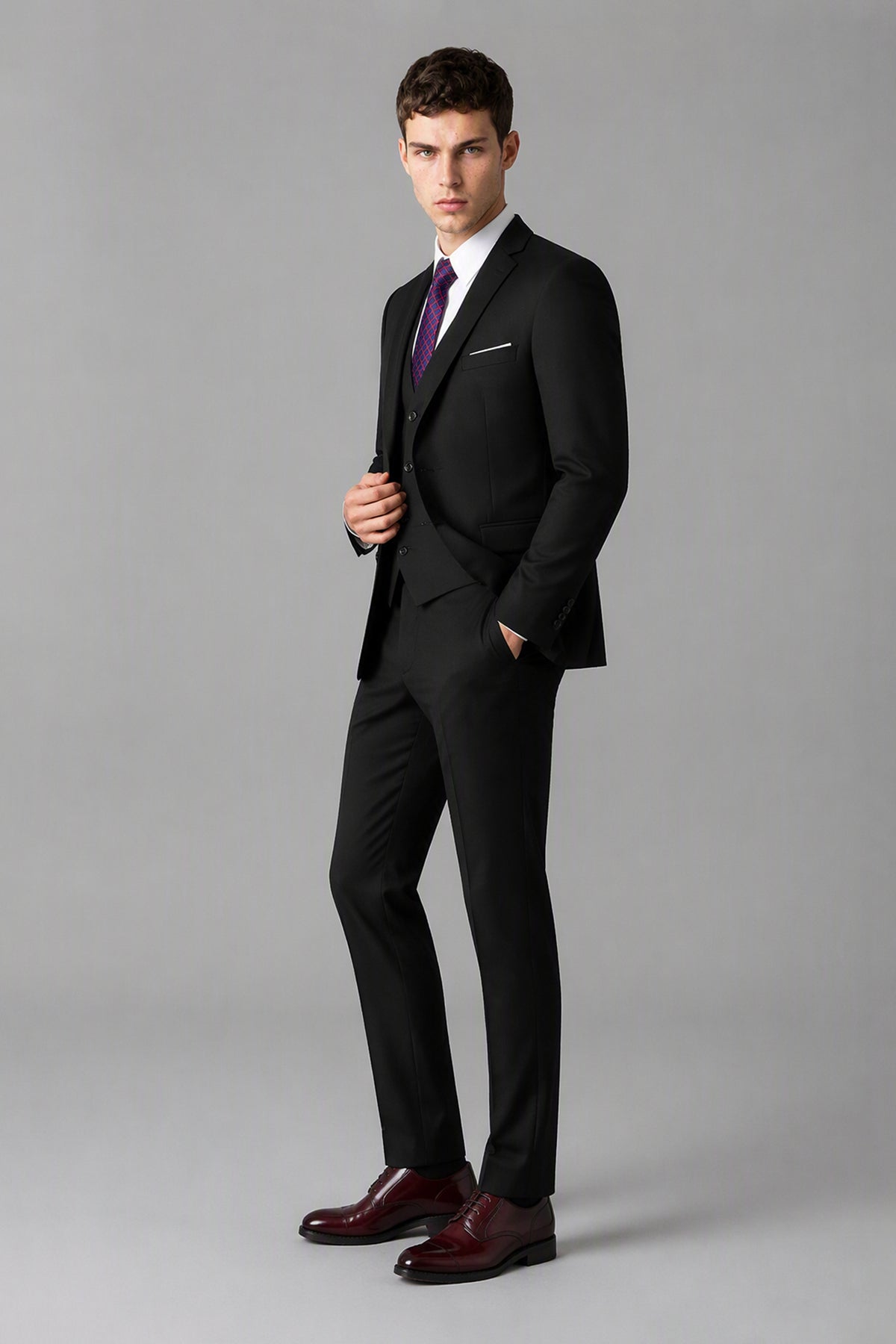 Savile Black 3-Piece Suit Set – Full front view, second model showing complete look with jacket, vest, shirt and trousers