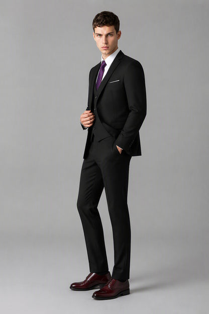 Savile Black 3-Piece Suit Set – Full front view, second model showing complete look with jacket, vest, shirt and trousers