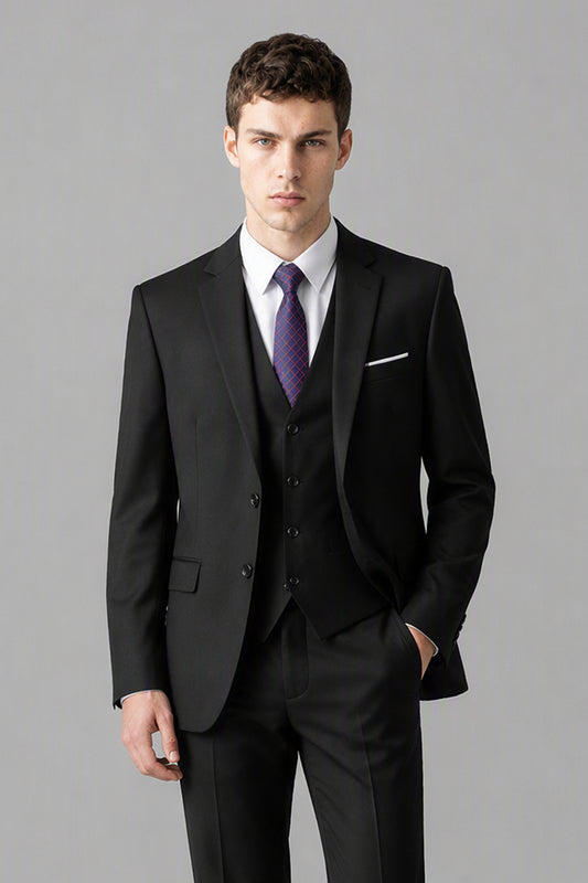 Savile Black 3-Piece Suit Set – Full front walking view, second model showing natural drape and trouser break