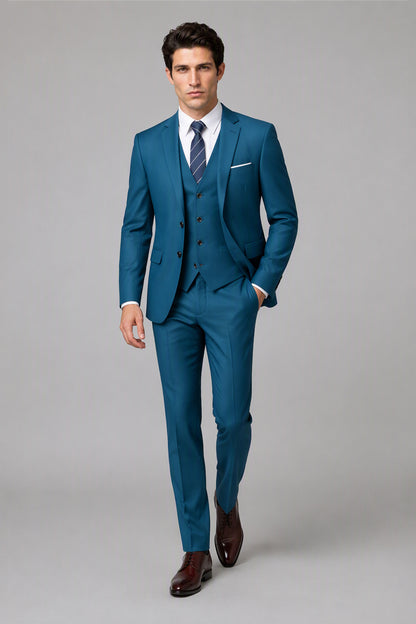 Savile Blue 3-Piece Suit Set – Half-body front close-up showing teal notch lapel jacket, vest buttons and pocket square detail