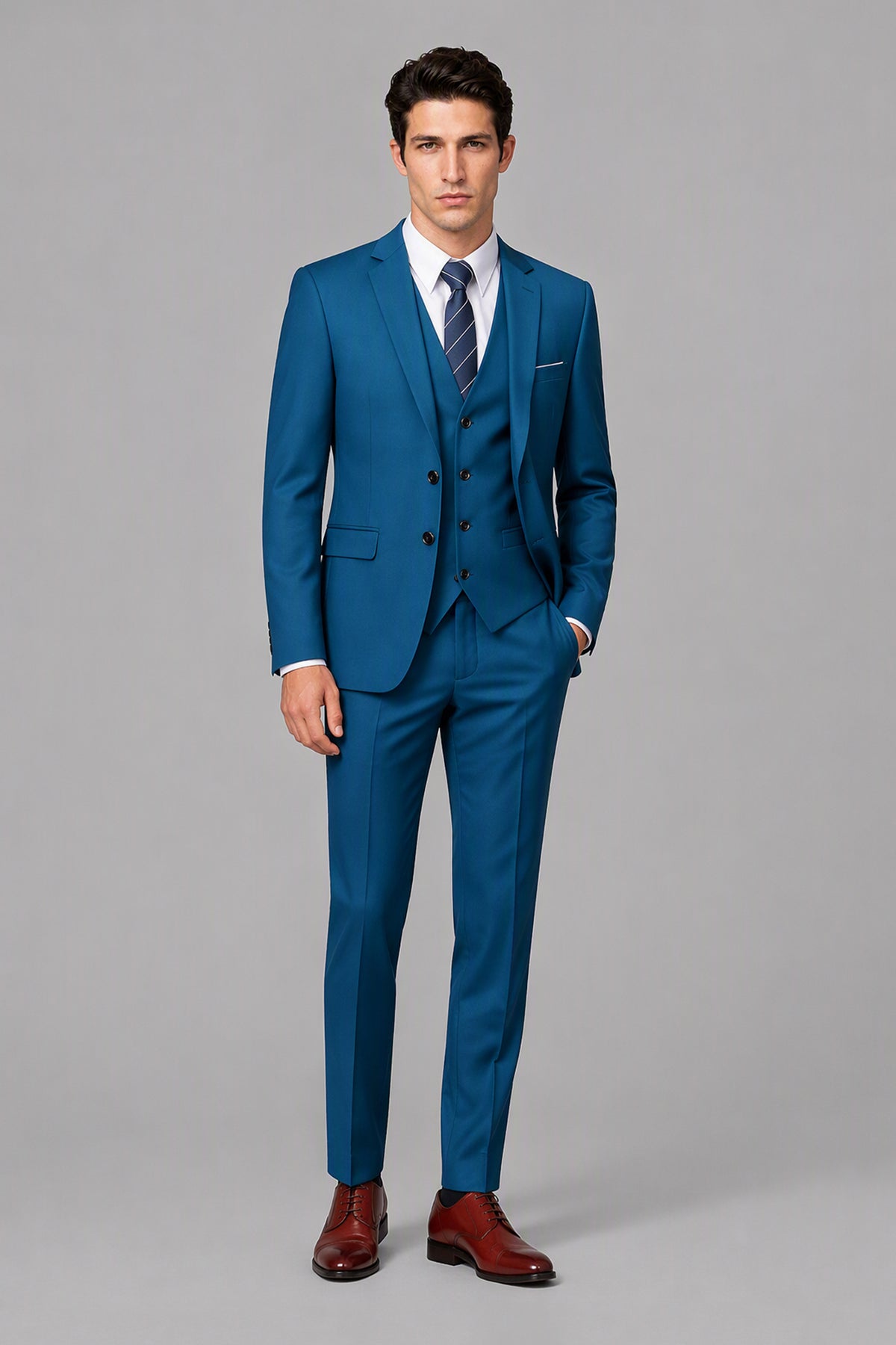 Savile Blue 3-Piece Suit Set – Full front walking view showing complete teal suit with jacket, vest, shirt and trousers