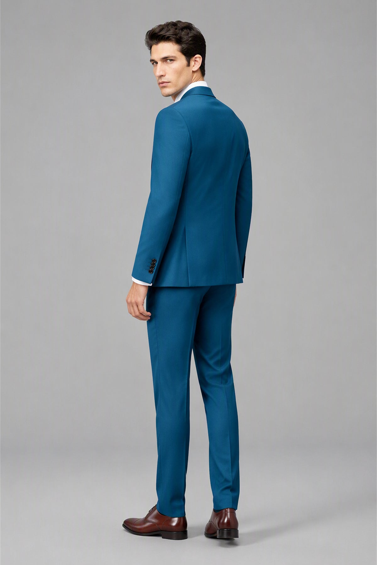 Savile Blue 3-Piece Suit Set – Full front standing view, hand in pocket showing slim-fit silhouette and trouser break