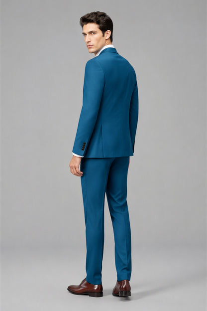 Savile Blue 3-Piece Suit Set – Full front standing view, hand in pocket showing slim-fit silhouette and trouser break