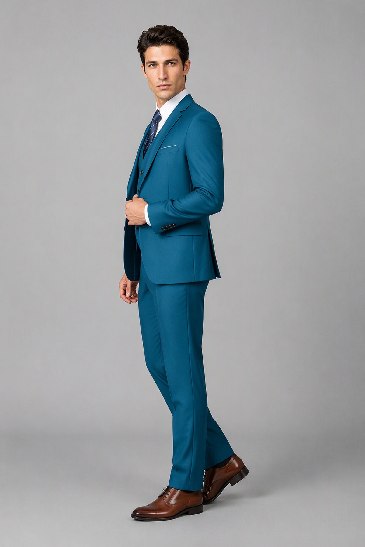 Savile Blue 3-Piece Suit Set – Full rear view showing jacket back construction and tapered trouser fit