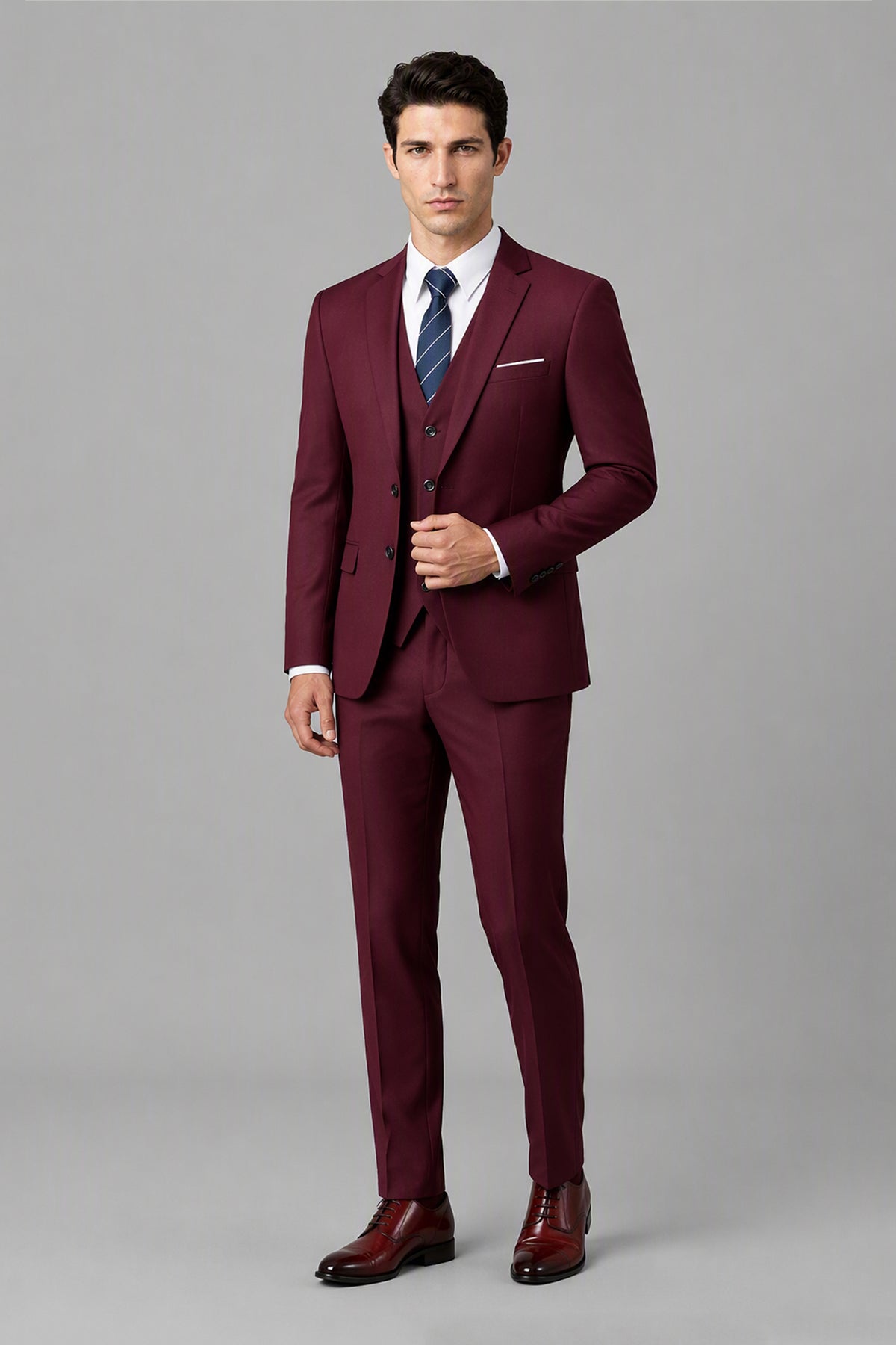 Savile Burgundy 3-Piece Suit Set – Full front walking view showing complete look with jacket, vest, trousers and brown oxford shoes