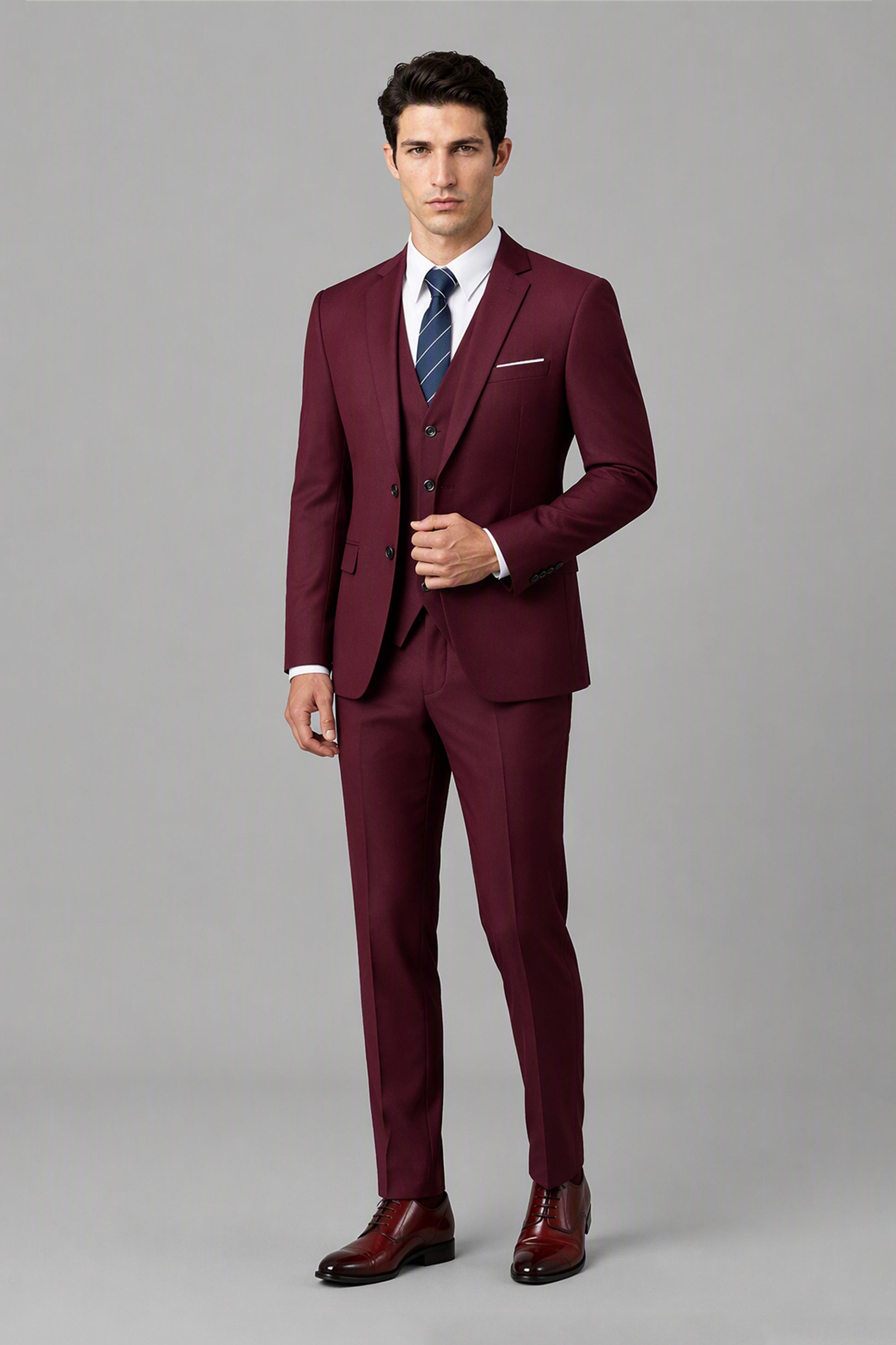 Savile Burgundy 3-Piece Suit Set – Full front walking view showing complete look with jacket, vest, trousers and brown oxford shoes
