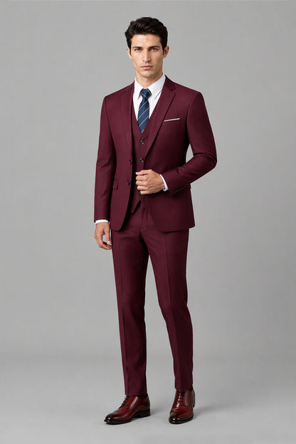 Savile Burgundy 3-Piece Suit Set – Full front walking view showing complete look with jacket, vest, trousers and brown oxford shoes
