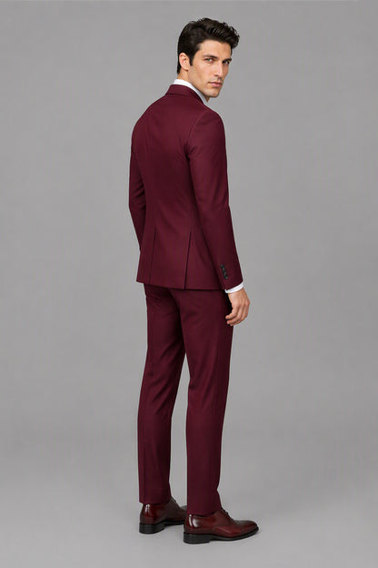 Savile Burgundy 3-Piece Suit Set – Full front standing view, hands clasped showing slim-fit silhouette and trouser break