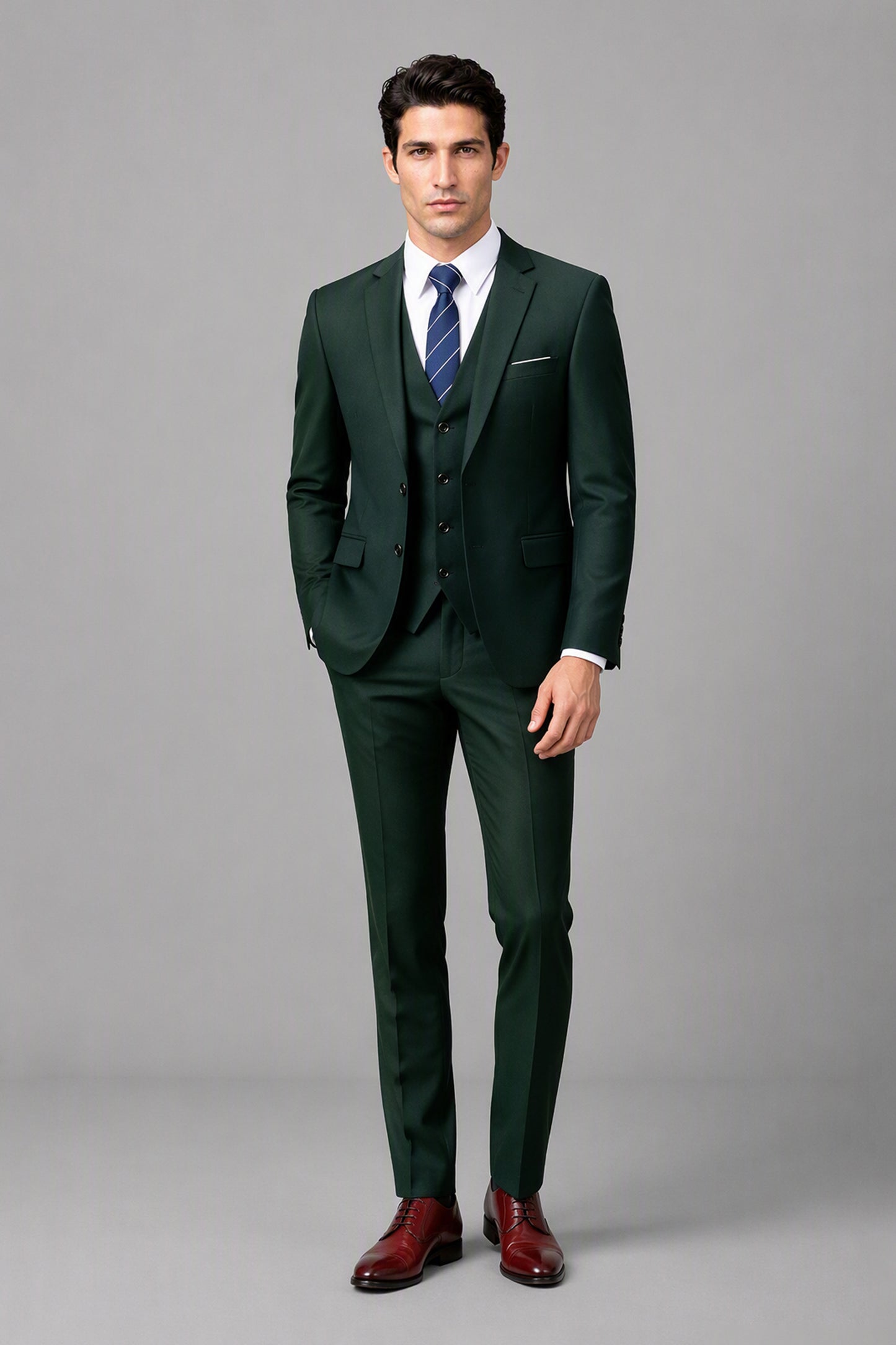 Savile Emerald Green 3-Piece Suit Set – Half-body front close-up showing notch lapel jacket, vest buttons, pocket square and navy striped tie
