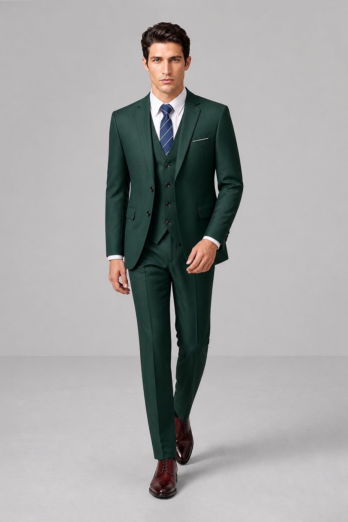 Savile Emerald Green 3-Piece Suit Set – Full front walking view showing natural drape and tapered trouser break