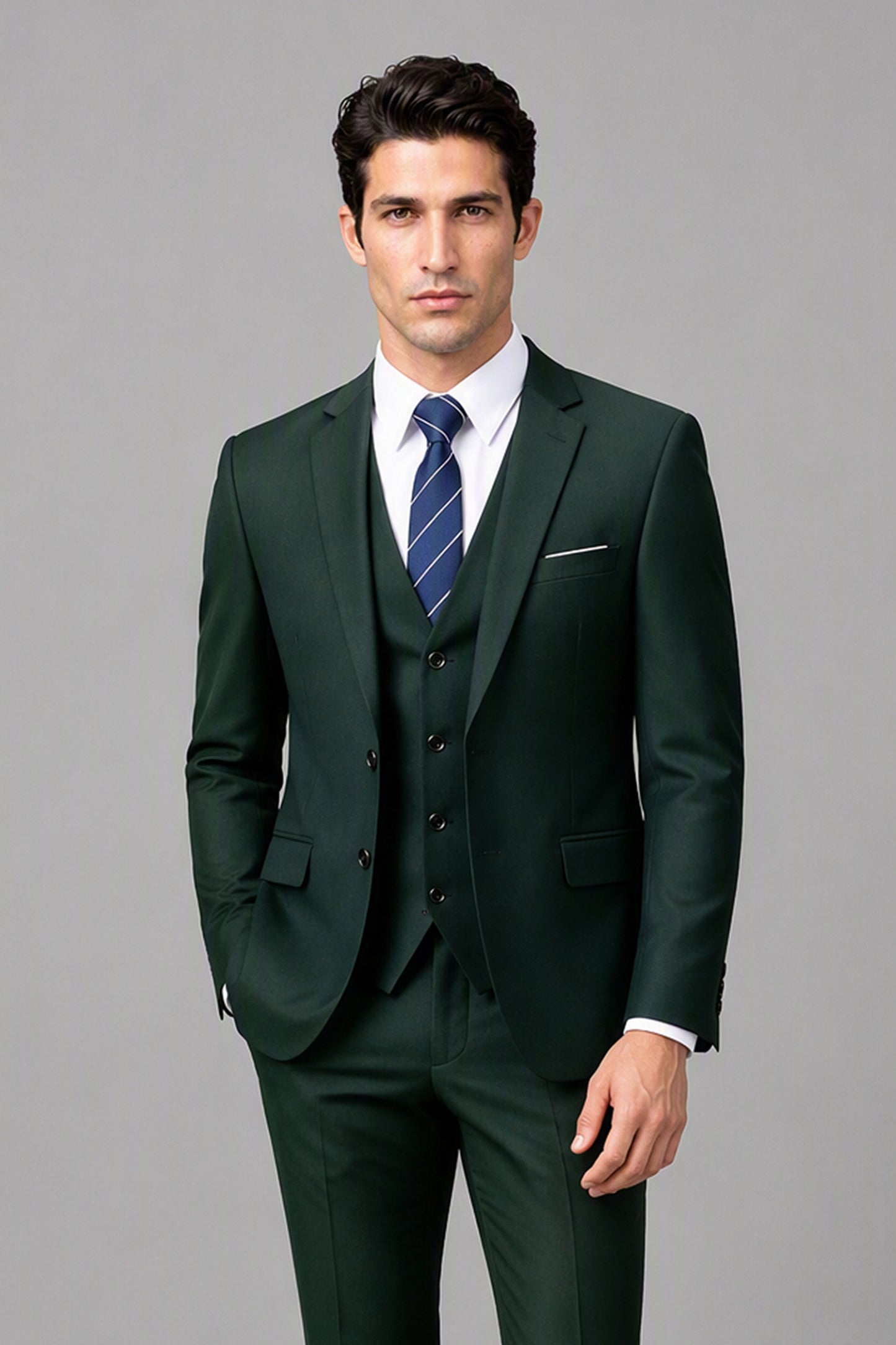 Savile Emerald Green 3-Piece Suit Set – Rear three-quarter view showing jacket back construction and tapered trouser fit