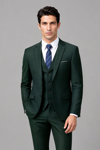 Savile Emerald Green 3-Piece Suit Set – Rear three-quarter view showing jacket back construction and tapered trouser fit