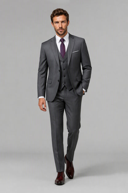 Savile Grey 3-Piece Suit Set – Full front walking view showing complete charcoal suit with jacket, vest, purple tie and trousers