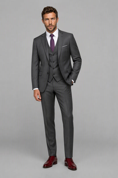 Savile Grey 3-Piece Suit Set – Full front standing view, hand in pocket showing slim-fit silhouette and trouser break