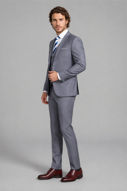 Savile Light Gray 3-Piece Suit Set – Half-body front close-up showing notch lapel jacket, vest buttons, pocket square and blue striped tie
