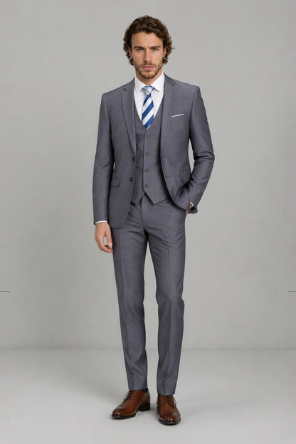 Savile Light Gray 3-Piece Suit Set – Three-quarter front view, model adjusting jacket showing slim-fit silhouette and lapel detail