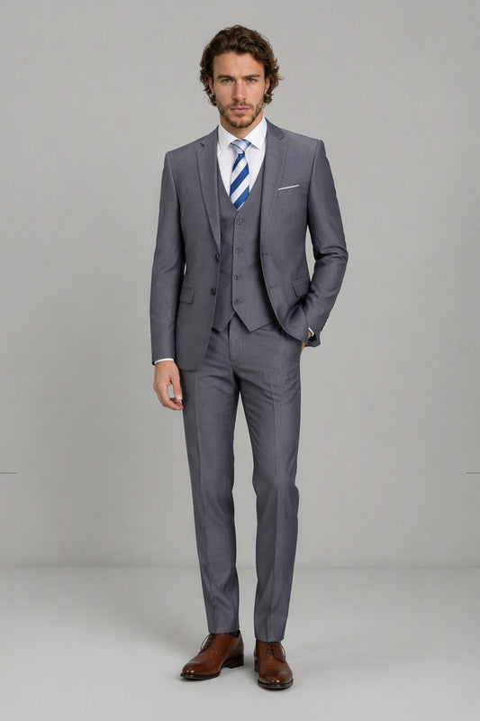 Savile Light Gray 3-Piece Suit Set – Three-quarter front view, model adjusting jacket showing slim-fit silhouette and lapel detail