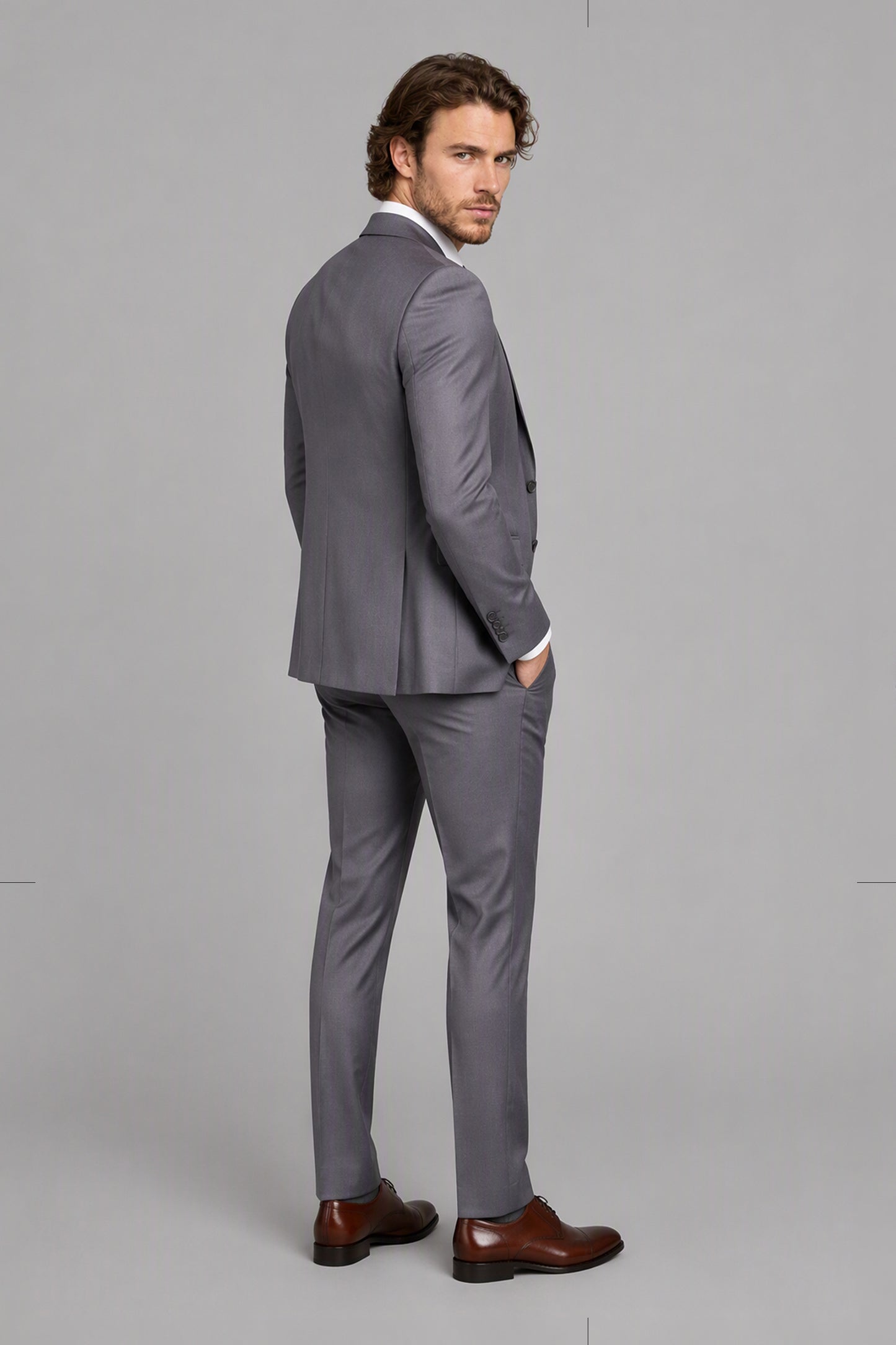 Savile Light Gray 3-Piece Suit Set – Full front standing view, hand in pocket showing complete look with jacket, vest, shirt and trousers