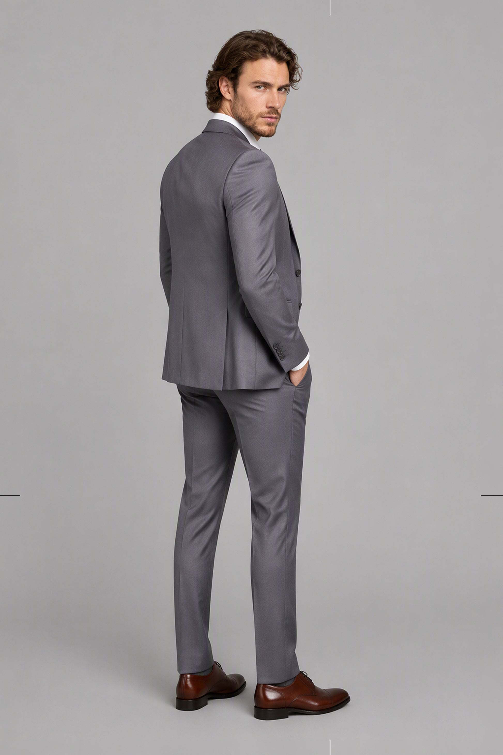 Savile Light Gray 3-Piece Suit Set – Full front standing view, hand in pocket showing complete look with jacket, vest, shirt and trousers