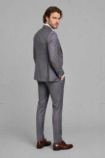 Savile Light Gray 3-Piece Suit Set – Full front standing view, hand in pocket showing complete look with jacket, vest, shirt and trousers