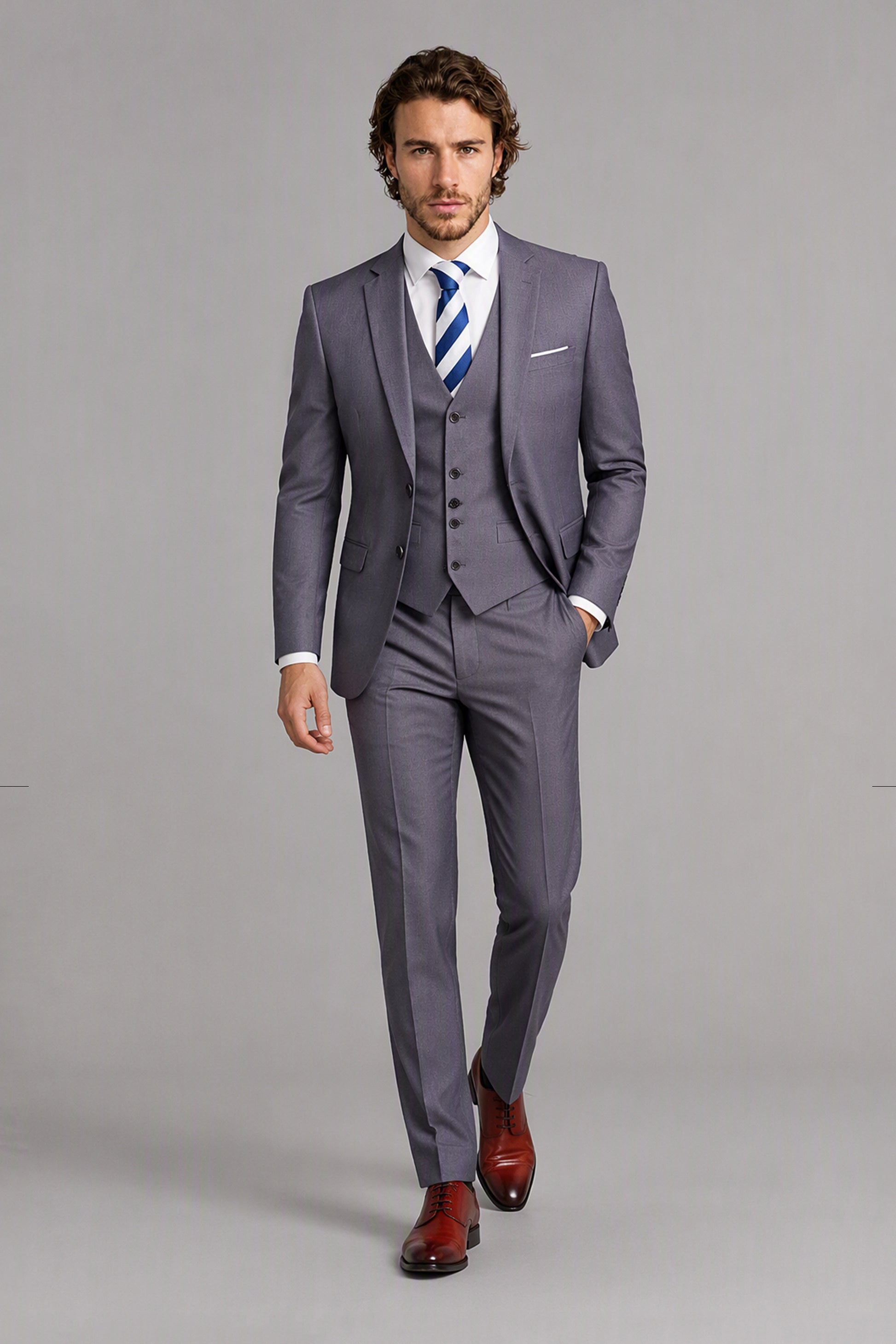 Savile Light Gray 3-Piece Suit Set – Full rear three-quarter view showing jacket back construction and tapered trouser fit with brown oxford shoes