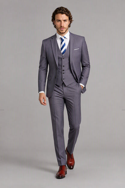 Savile Light Gray 3-Piece Suit Set – Full rear three-quarter view showing jacket back construction and tapered trouser fit with brown oxford shoes