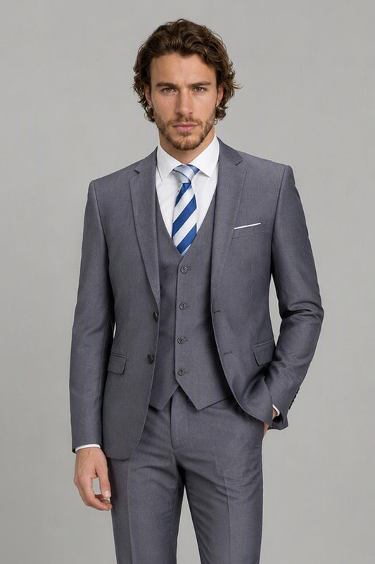Savile Light Gray 3-Piece Suit Set – Full front walking view showing natural drape and trouser break