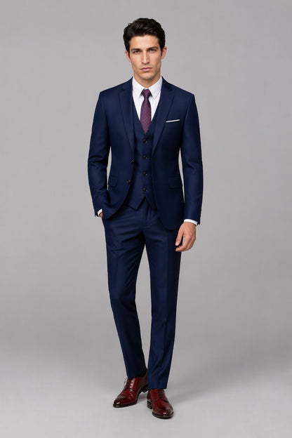 Savile Royal Blue 3-Piece Suit Set – Half-body front close-up showing notch lapel jacket, vest buttons, pocket square and burgundy patterned tie