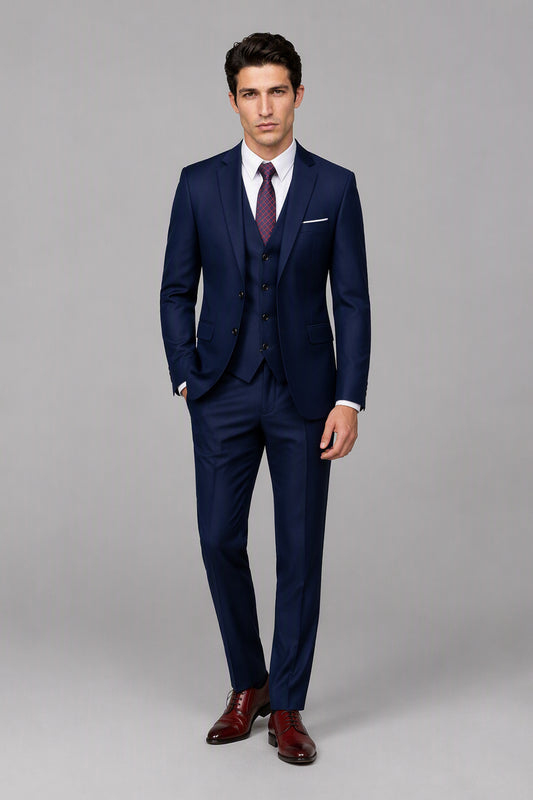 Savile Royal Blue 3-Piece Suit Set – Half-body front close-up showing notch lapel jacket, vest buttons, pocket square and burgundy patterned tie