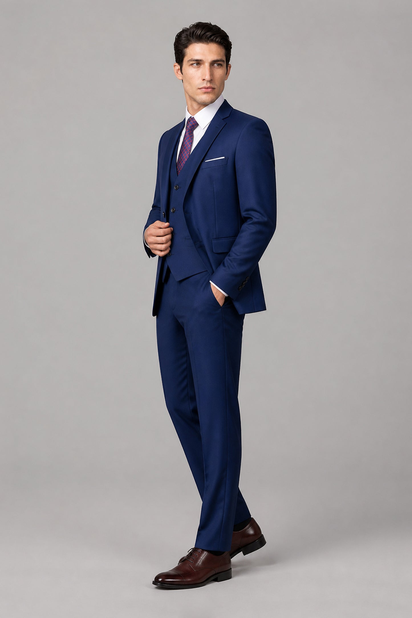 Savile Royal Blue 3-Piece Suit Set – Full front standing view, hands in pockets showing complete look with jacket, vest, shirt and trousers