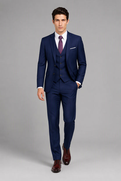 Savile Royal Blue 3-Piece Suit Set – Three-quarter front view, model adjusting jacket showing slim-fit silhouette and lapel detail