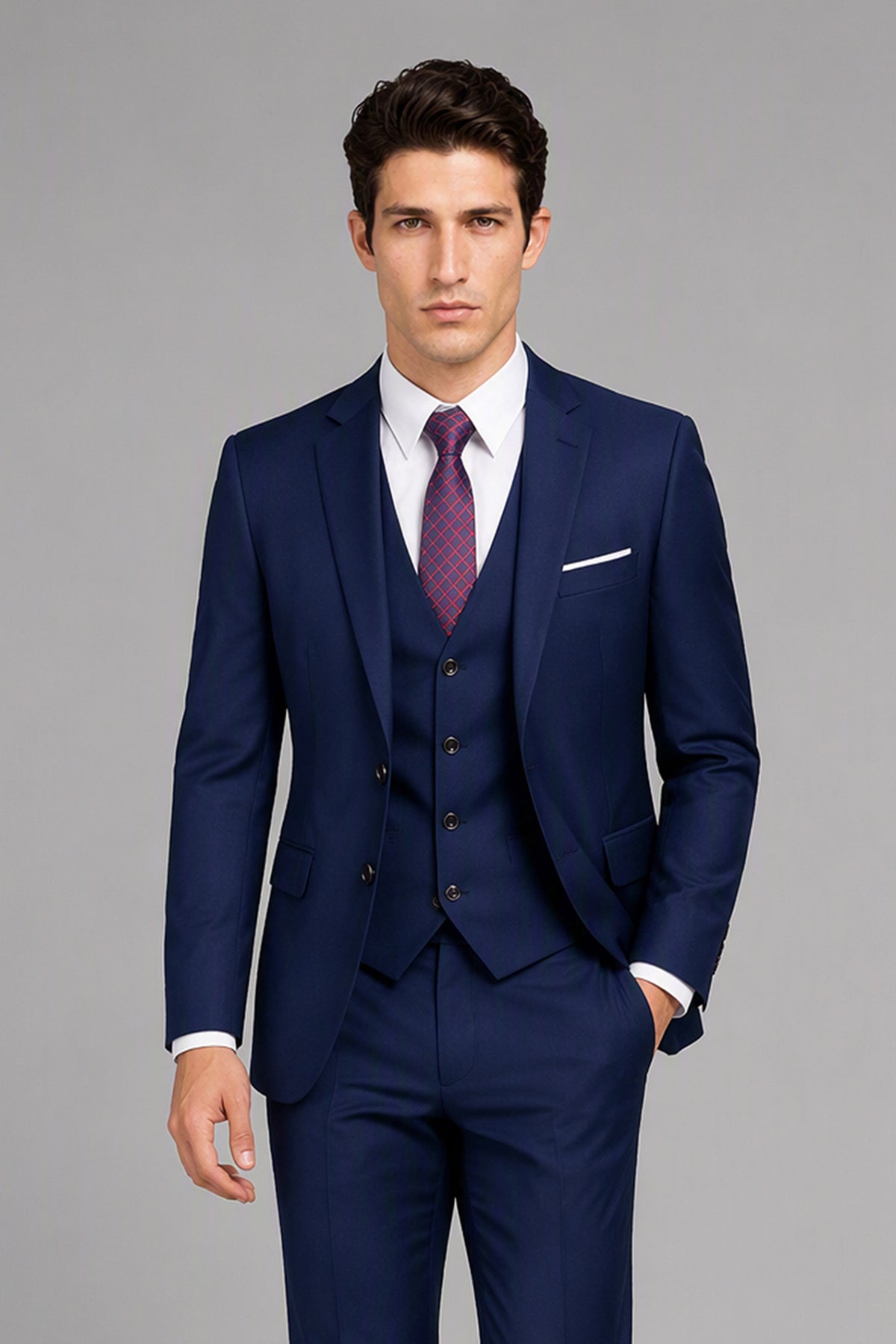 Savile Royal Blue 3-Piece Suit Set – Full front walking view showing natural drape, trouser break and brown oxford shoes