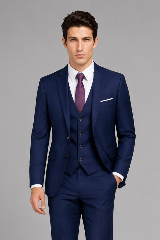 Savile Royal Blue 3-Piece Suit Set – Full front walking view showing natural drape, trouser break and brown oxford shoes