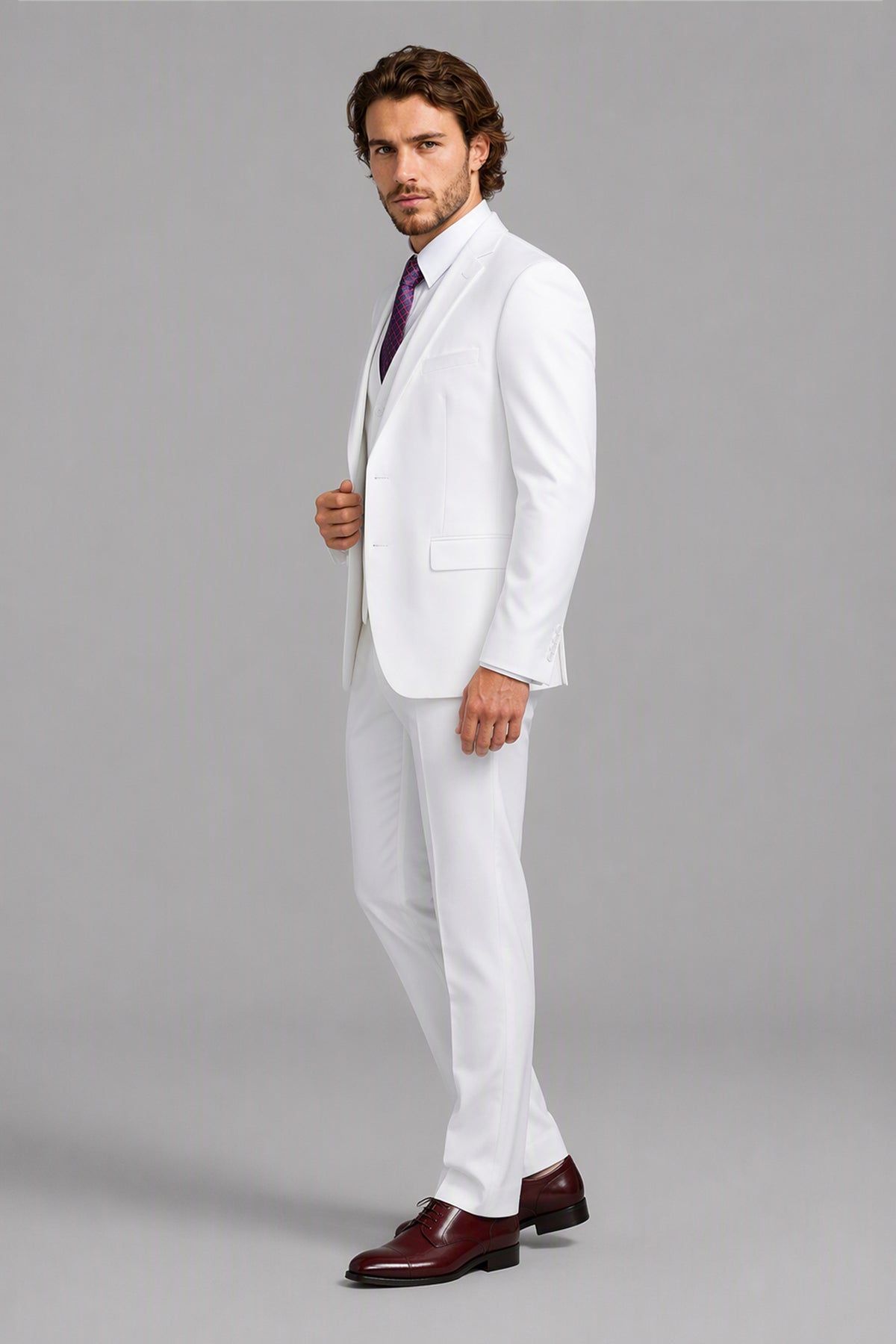 Savile White 3-Piece Suit Set – Full front walking view showing complete white suit with jacket, vest, purple tie and brown oxford shoes
