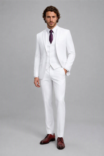 Savile White 3-Piece Suit Set – Half-body front close-up showing notch lapel jacket, vest buttons and purple patterned tie detail