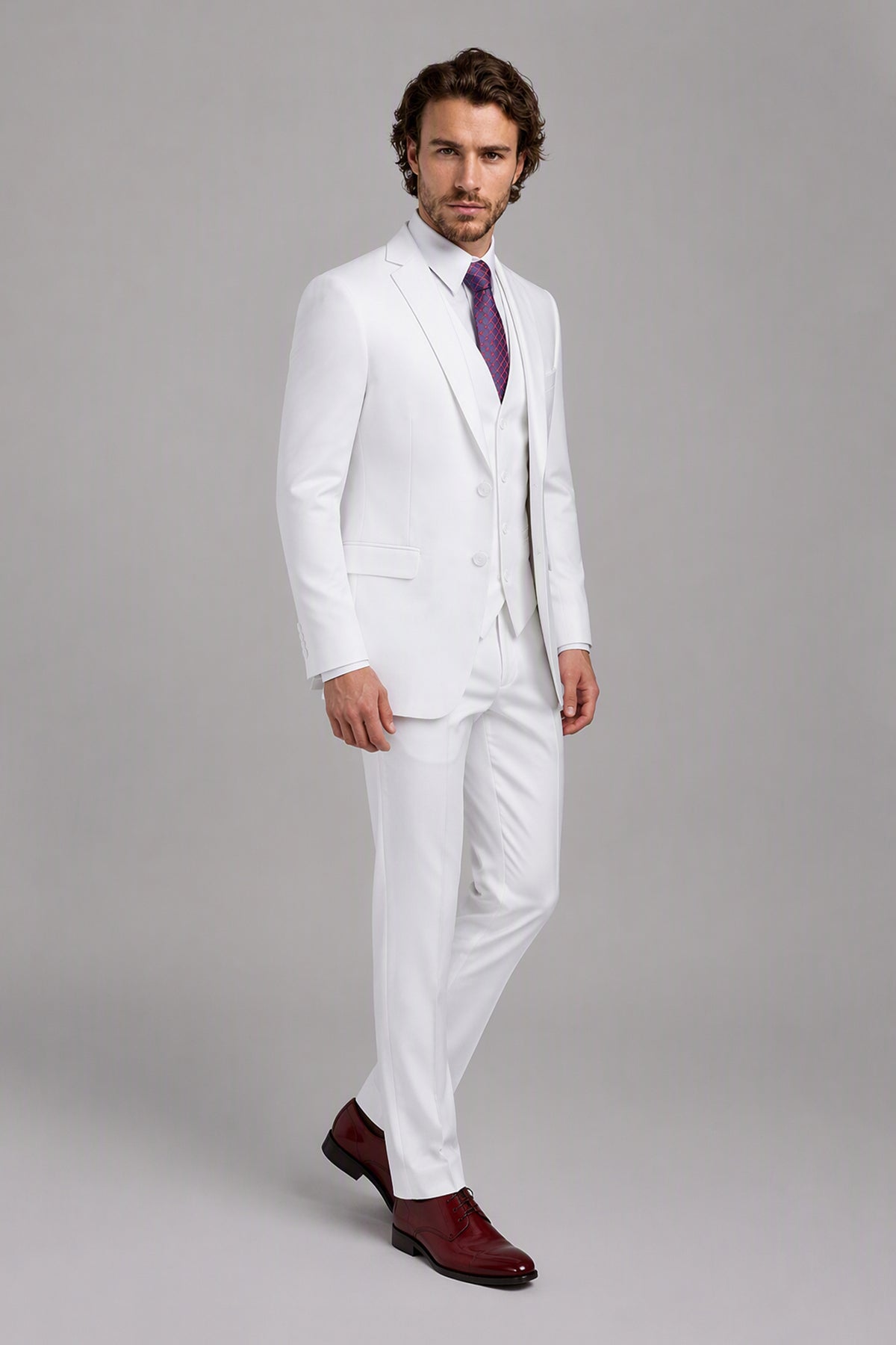 Savile White 3-Piece Suit Set – Three-quarter side view, model holding jacket open showing slim-fit silhouette and lapel profile