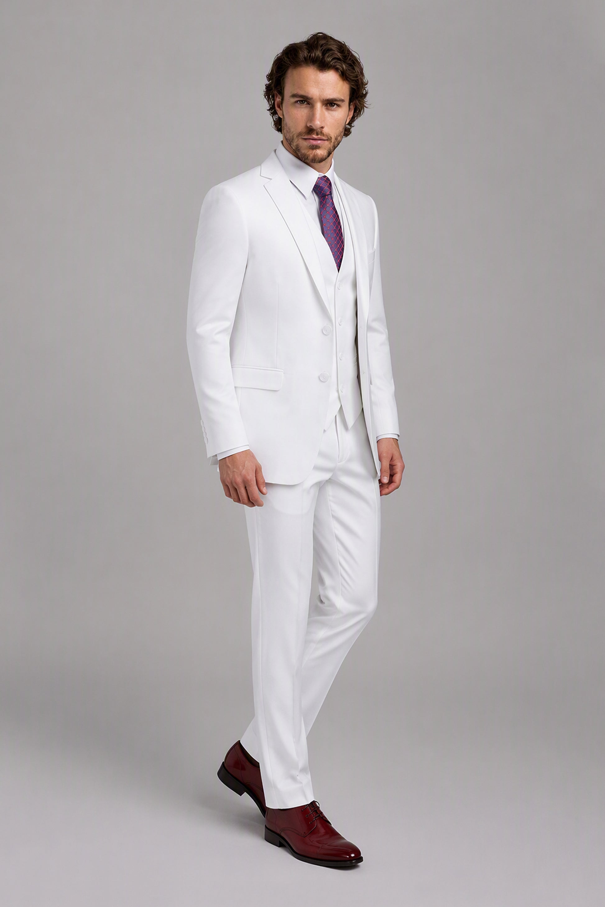 Savile White 3-Piece Suit Set – Three-quarter side view, model holding jacket open showing slim-fit silhouette and lapel profile