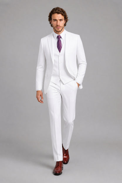Savile White 3-Piece Suit Set – Full front standing view, hand in pocket showing complete look with jacket, vest, shirt and trousers
