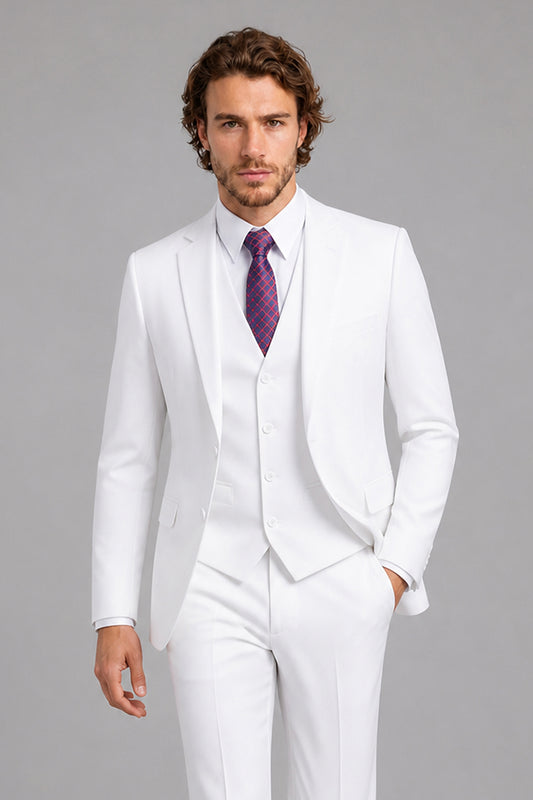 Savile White 3-Piece Suit Set – Three-quarter front walking view showing natural drape, trouser break and brown oxford shoes