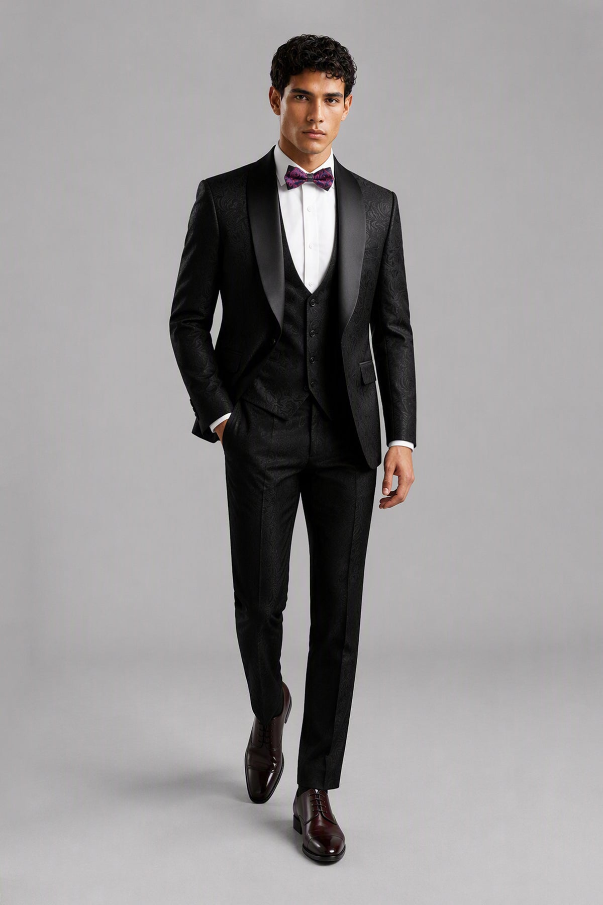 Savile Black Jacquard 3-Piece Tuxedo Set – Half-body front close-up showing floral jacquard texture, black satin shawl lapel and purple bow tie
