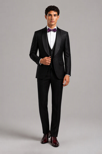Savile Black Jacquard 3-Piece Tuxedo Set – Full front walking view showing complete look with jacquard jacket, vest, white shirt and trousers