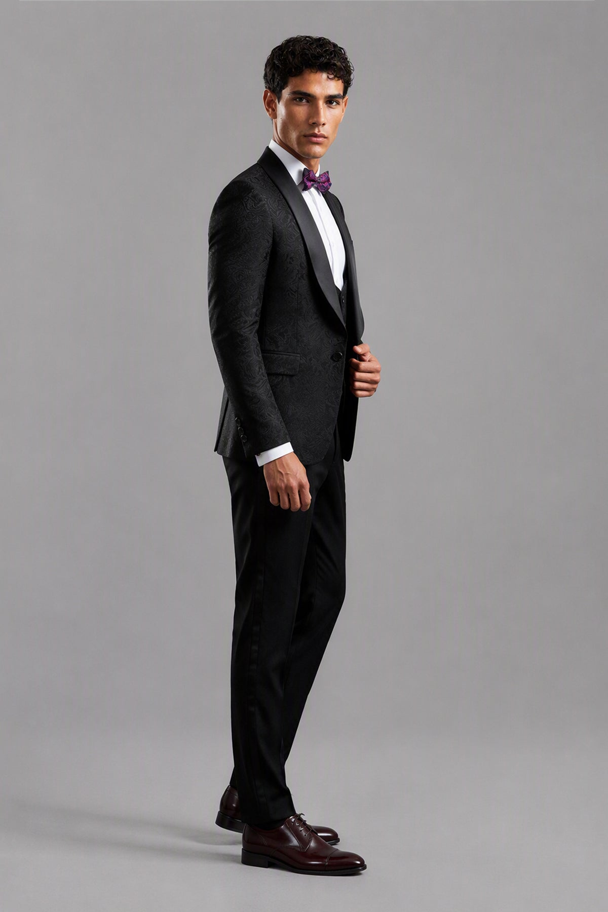 Savile Black Jacquard 3-Piece Tuxedo Set – Full rear view showing jacquard jacket back construction and tapered trouser fit