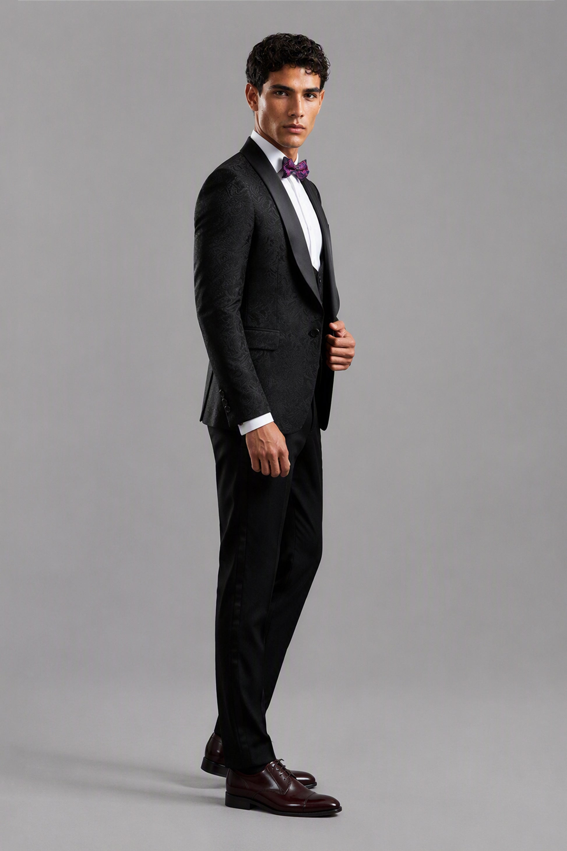 Savile Black Jacquard 3-Piece Tuxedo Set – Full rear view showing jacquard jacket back construction and tapered trouser fit