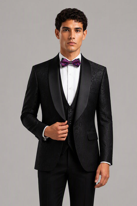 Savile Black Jacquard 3-Piece Tuxedo Set – Full side profile view showing slim silhouette, satin lapel edge and trouser drape