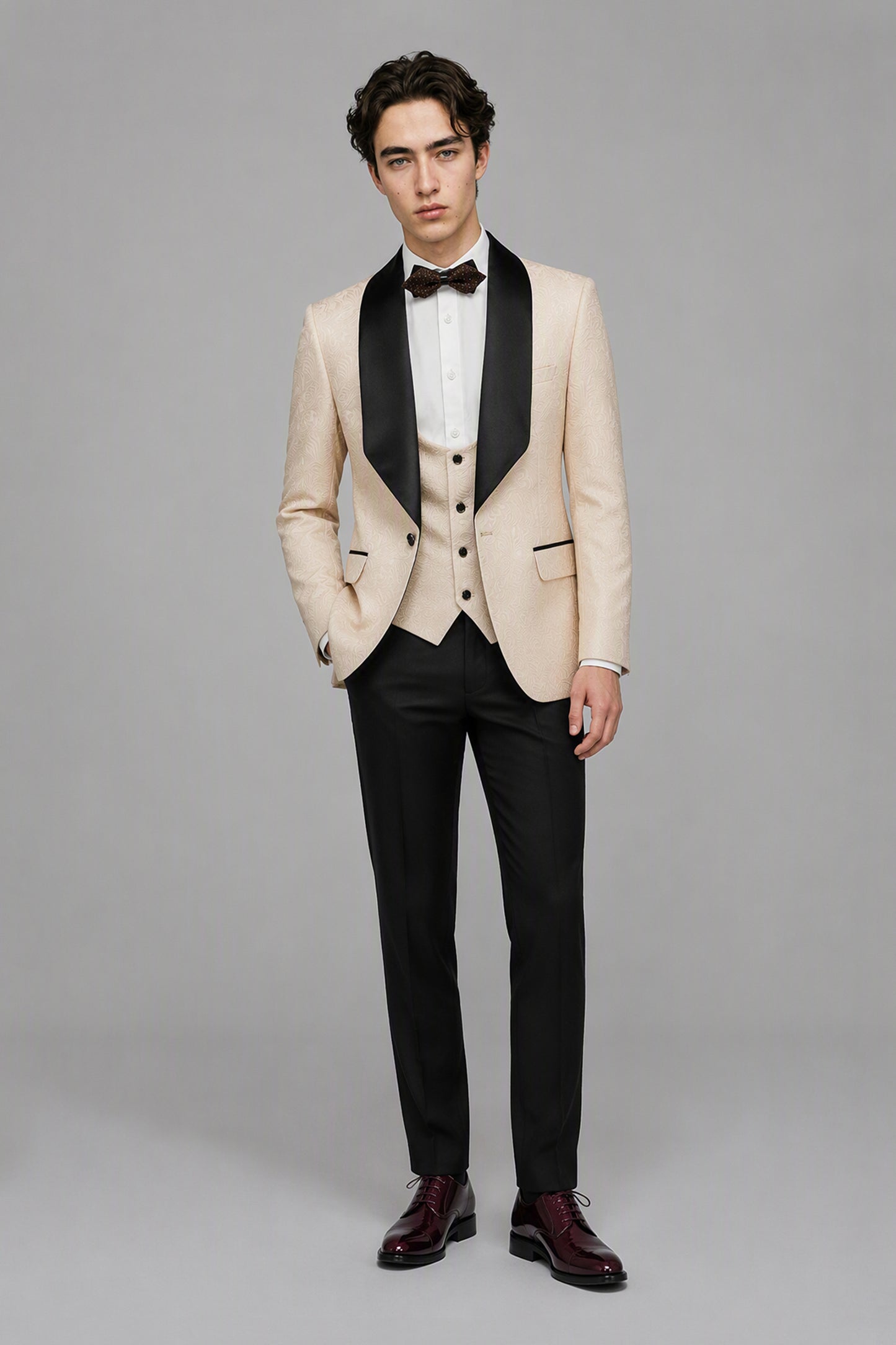 Savile Champagne Jacquard 3-Piece Tuxedo Set – Full front walking view showing champagne jacquard jacket, vest, white shirt and black trousers with burgundy oxford shoes