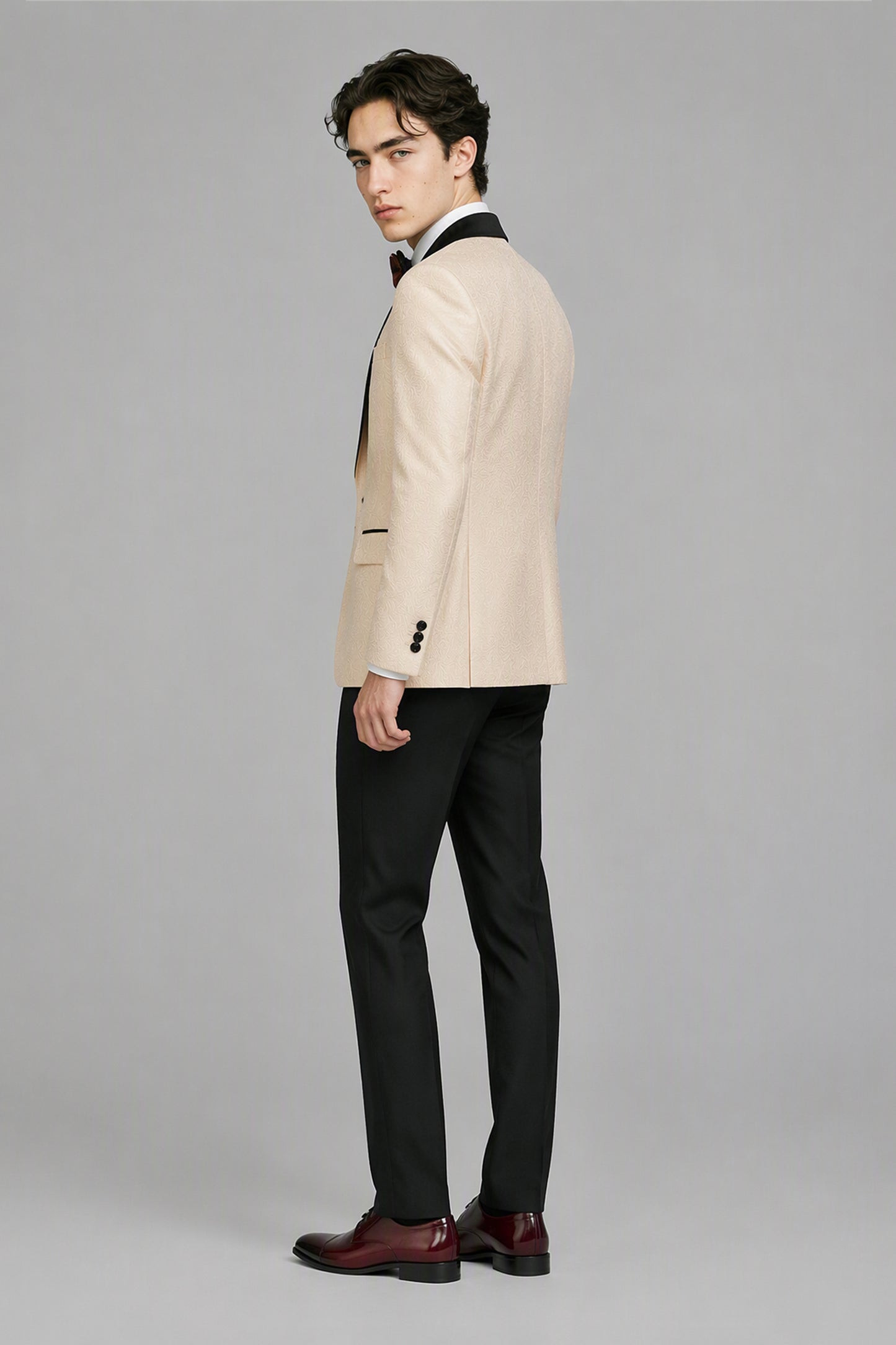 Savile Champagne Jacquard 3-Piece Tuxedo Set – Full front standing view showing slim-fit silhouette, black satin shawl lapel and complete look